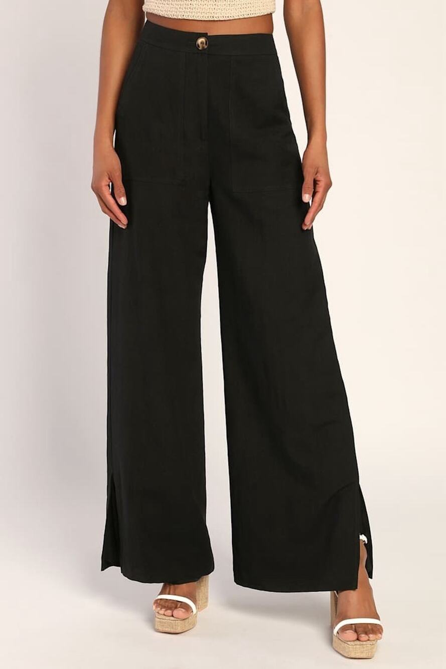 Lulus Jet Stream Black High Waisted Wide Leg Pants Linen Blend Sz M 29 Waist NWT